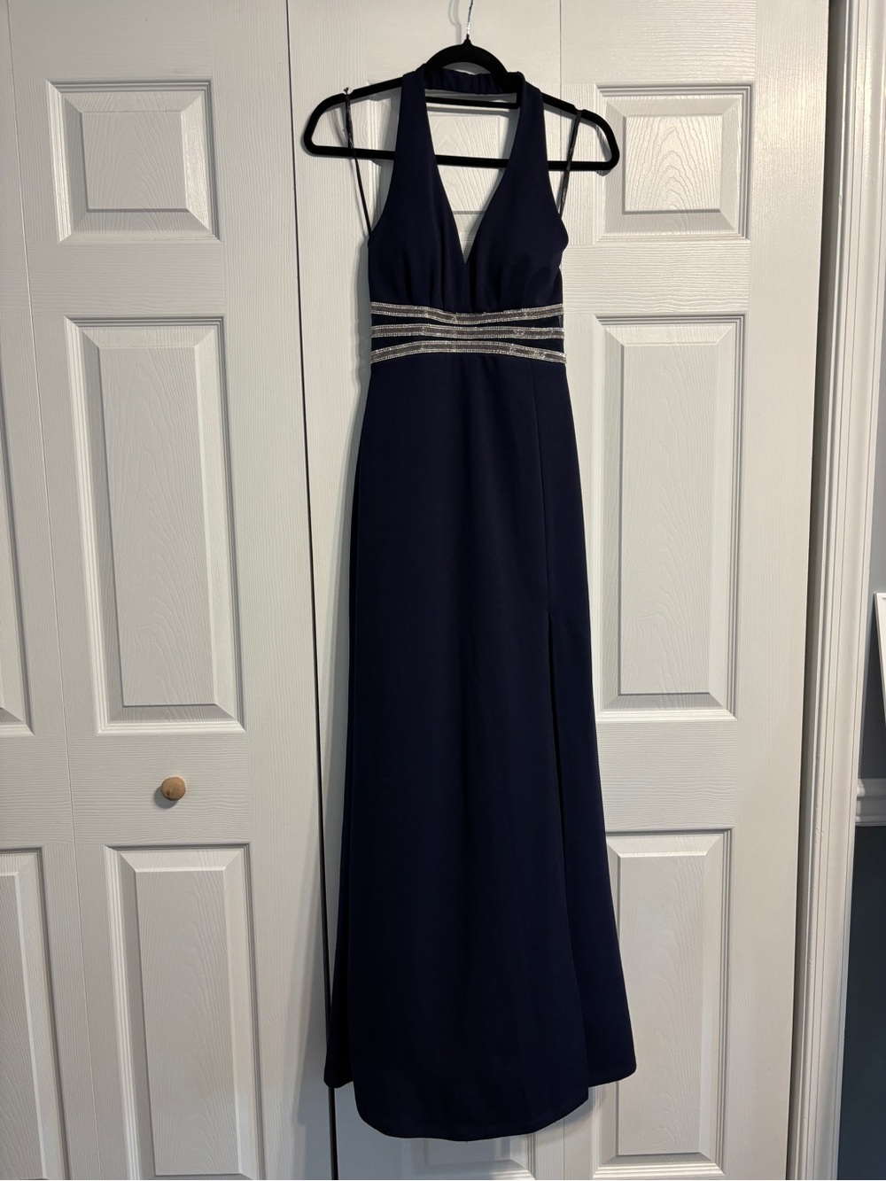 Speechless Halter Prom Gown Silver Beaded mesh cutout Waist Womens 1 navy blue